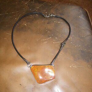 Women’s Modern Statement Necklace w/ Large Baltic Amber Pendant & Leather Cord
